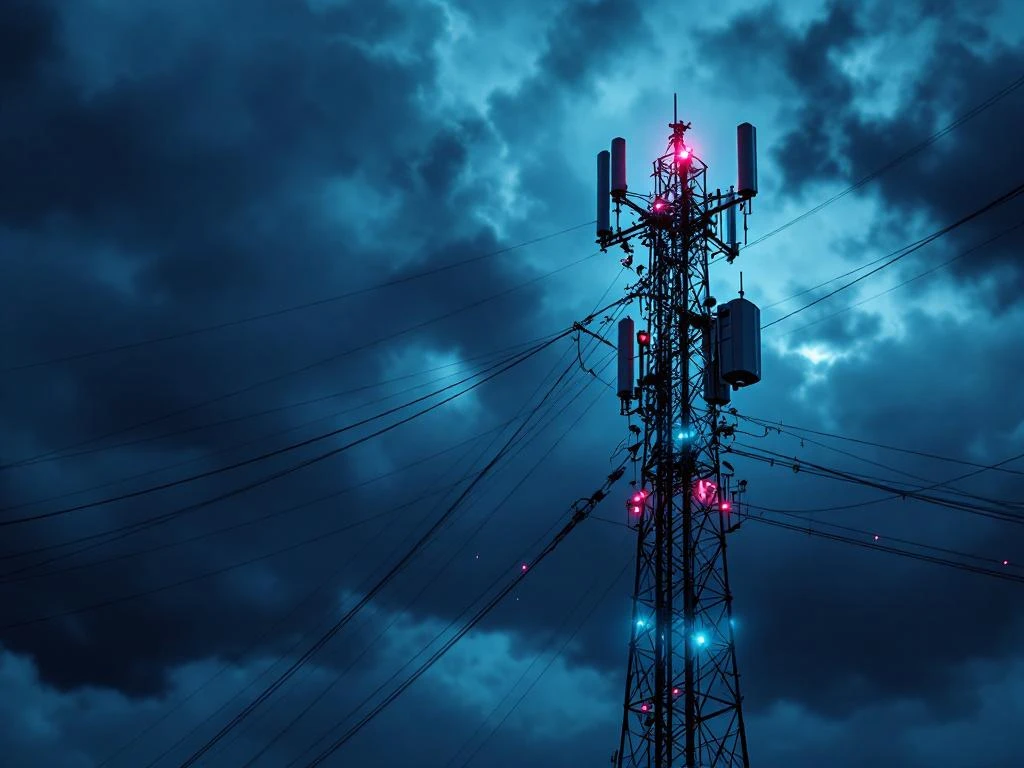 5G-zendmast met waarschuwingslichten en elektromagnetische golven tegen dramatische donkere stormlucht