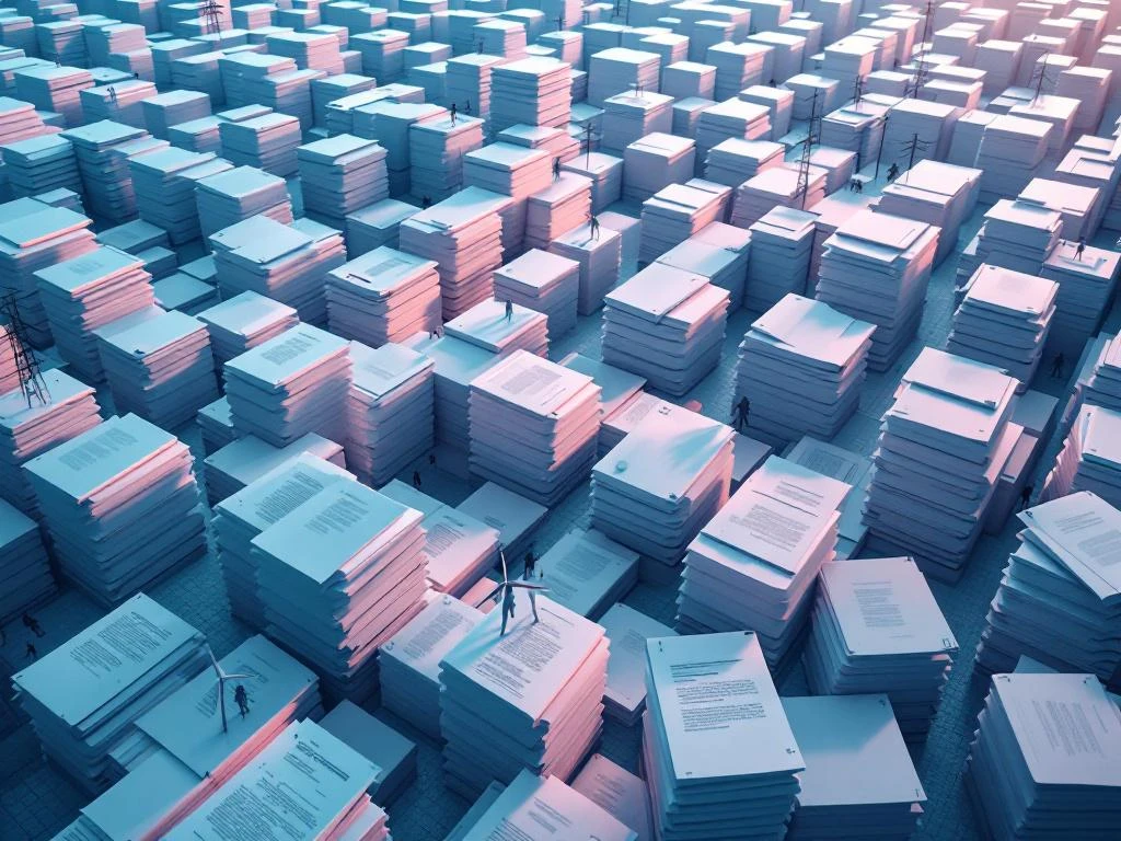 Bureaucratisch doolhof van gestapelde documenten en vergunningen met windturbines en energieinfrastructuur op achtergrond