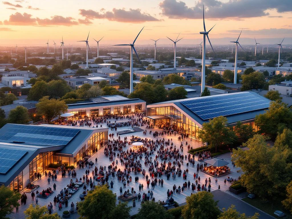 Luchtfoto van duurzame energiecentrale met windturbines en zonnepanelen, omringd door diverse gemeenschap in stadsplein