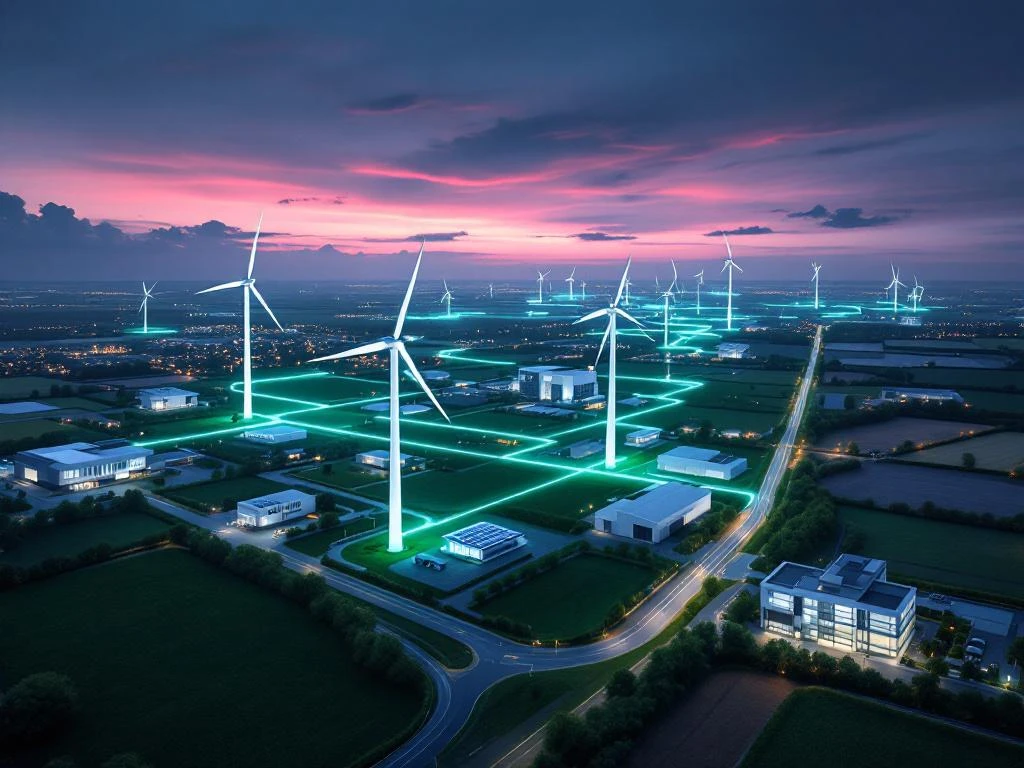 Luchtfoto van windmolens en zonnepanelen in Nederlands landschap met verlichte energielijnen tussen overheids- en bedrijfsgebouwen