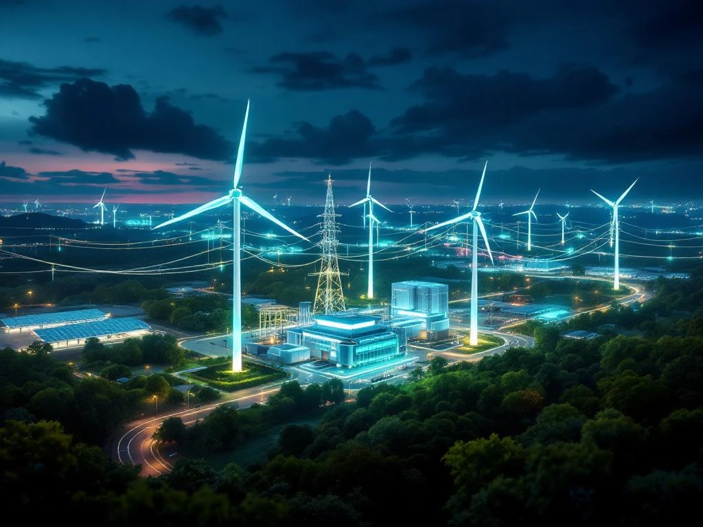 Luchtfoto van duurzaam energienetwerk met zonnepanelen, windturbines en verlichte stroomlijnen bij schemering