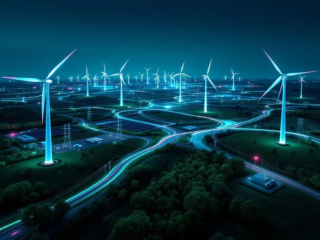 Luchtfoto van duurzaam energienetwerk met windturbines, zonnepanelen en elektriciteitsleidingen in groen landschap