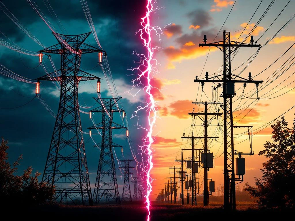 Hoogspanningstorens en lokaal elektriciteitsnetwerk met transformatoren in contrast van schaal en kleur
