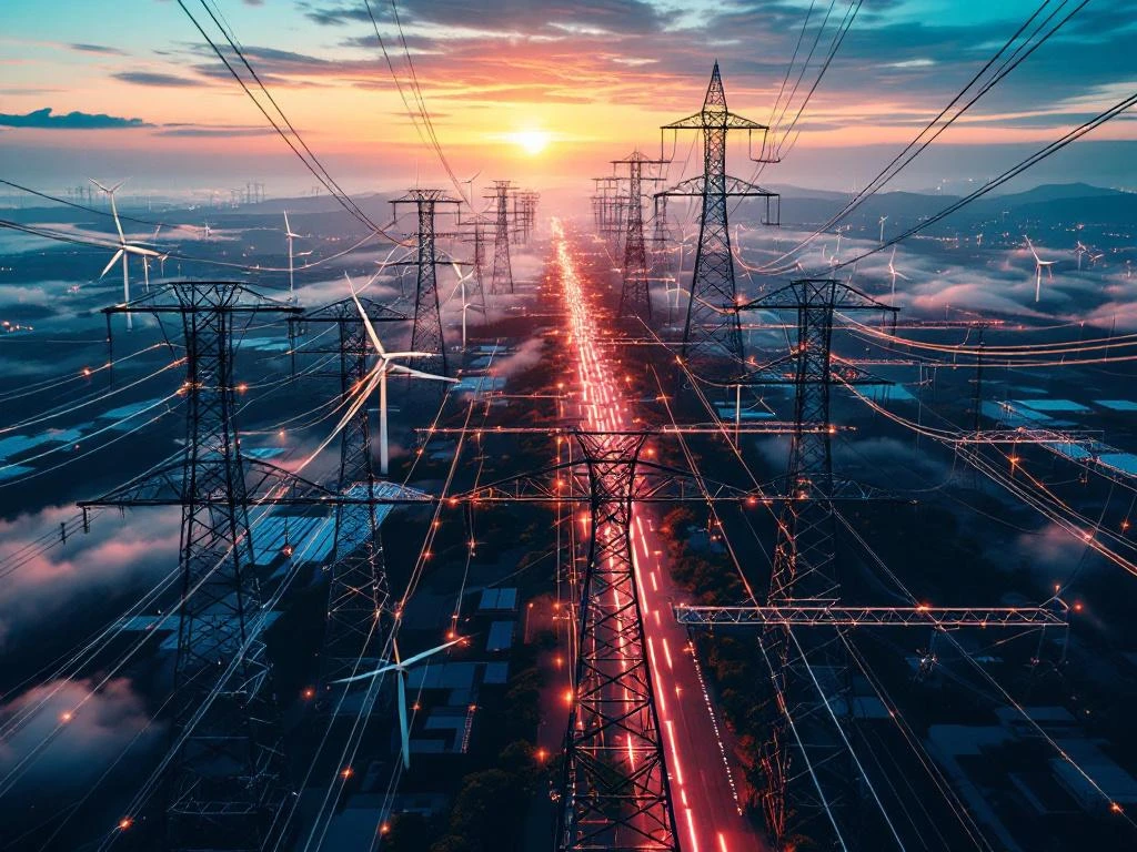 Luchtfoto van elektriciteitsgrid met transmissiemasten, windmolens en zonnepanelen tijdens gouden uur met gloeiende energiestromen