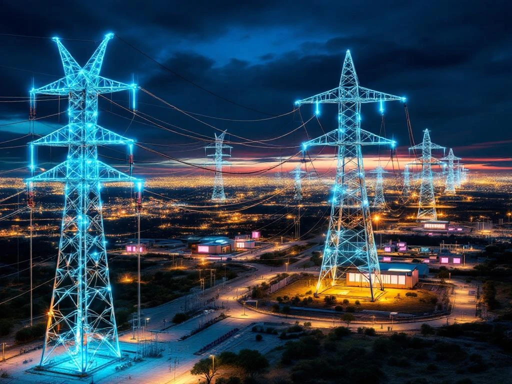 Luchtfoto van hoogspanningsnetwerk met verlichte transformatorstations en stroommasten in schemering