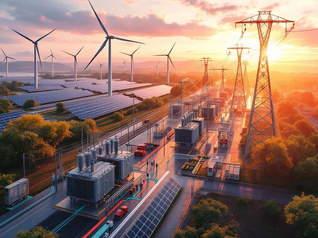 Luchtfoto van elektrisch verdeelstation waar windturbines en zonnepanelen aansluiten op hoogspanningsnet
