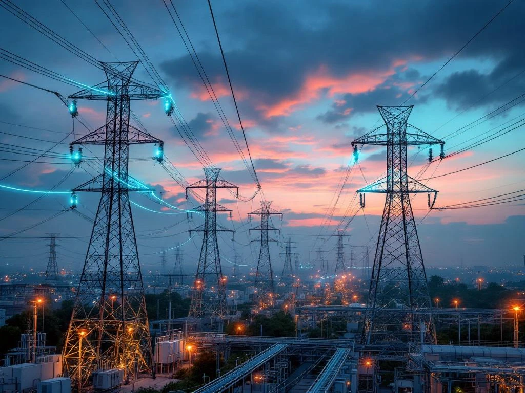 Luchtfoto van hoogspanningsmasten en transformatorstations bij zonsondergang met gloeiende energielijnen