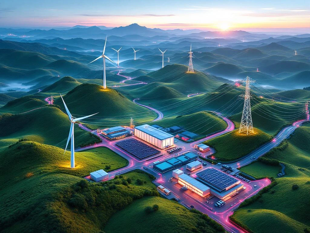 Luchtfoto van moderne elektriciteitsnet met windmolens, zonnepanelen en transmissielijnen in duurzaam landschap