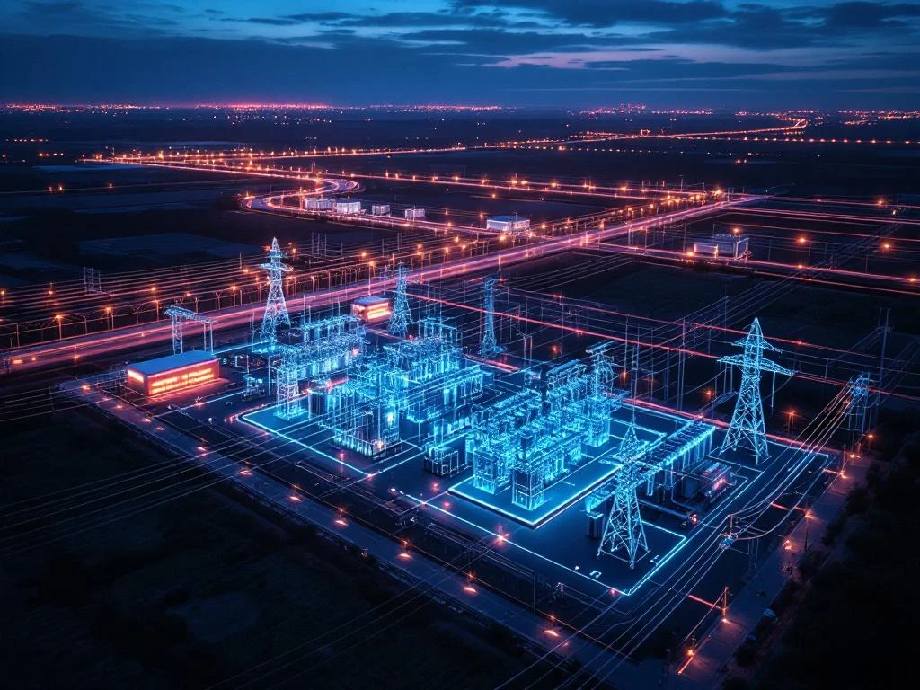 Luchtfoto van modern elektriciteitsstation met verlichte transformatoren in cyaan licht bij schemering
