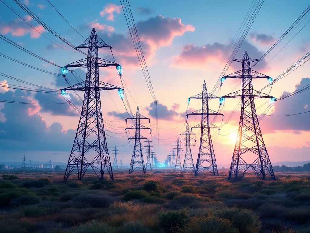 Luchtfoto van moderne hoogspanningstorens en elektriciteitslijnen tegen roze lucht met dramatische gouden uurverlichting