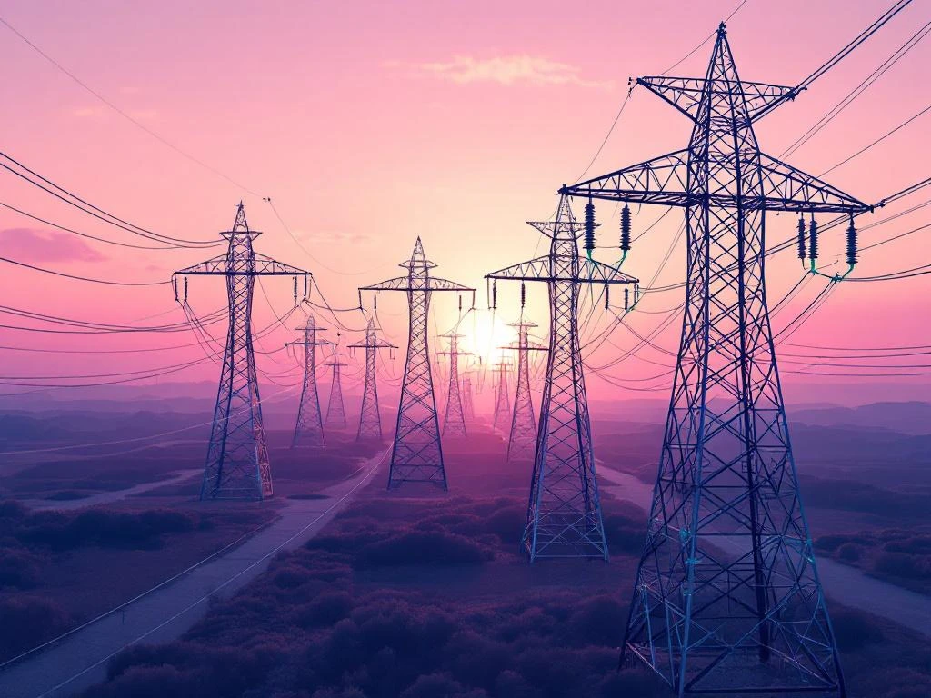 Luchtfoto van moderne elektriciteitsnetinfrastructuur met hoogspanningsmasten en kabels die samenkomen bij centrale hub