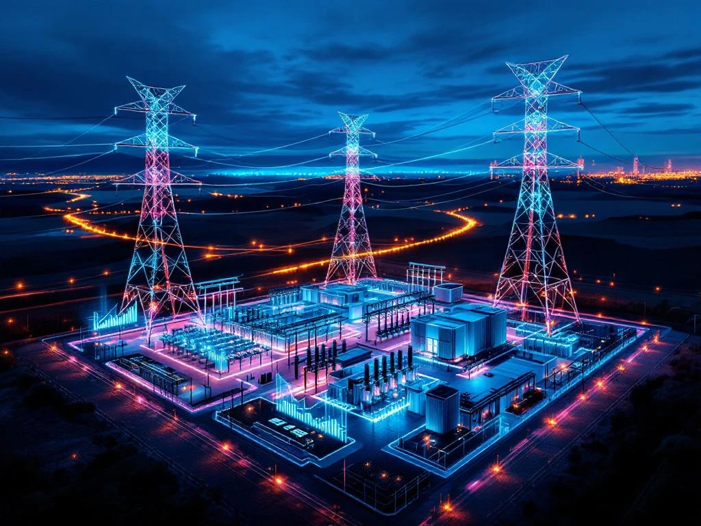 Luchtfoto van verlichte hoogspanningsmasten en elektrische onderstations bij schemering met investeringsgrafieken