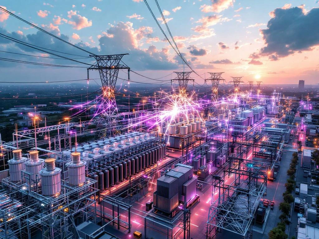 Luchtfoto van moderne elektrische transformatorstation met hoogspanningsmasten en stroomlijnen tegen teal hemel