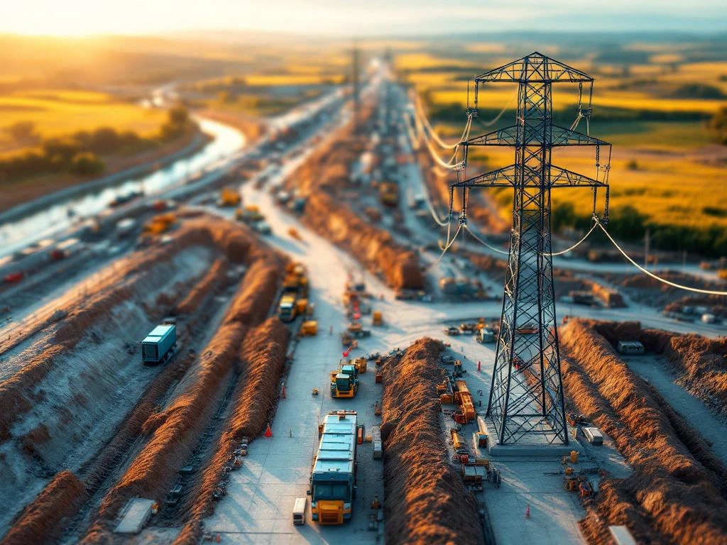 Luchtfoto van moderne energieconstructieplaats met hoogspanningsmasten en kabelgeulen tijdens gouden uur