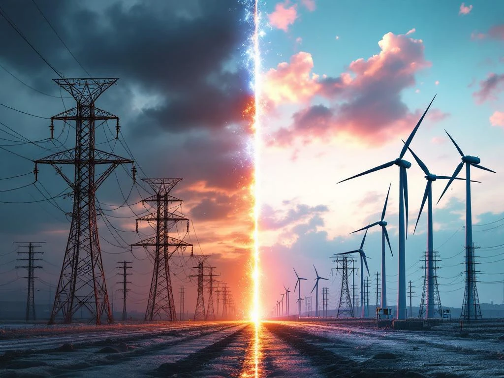 Gesplitst beeld toont verouderde elektriciteitsinfrastructuur links versus moderne hernieuwbare energie-installaties rechts