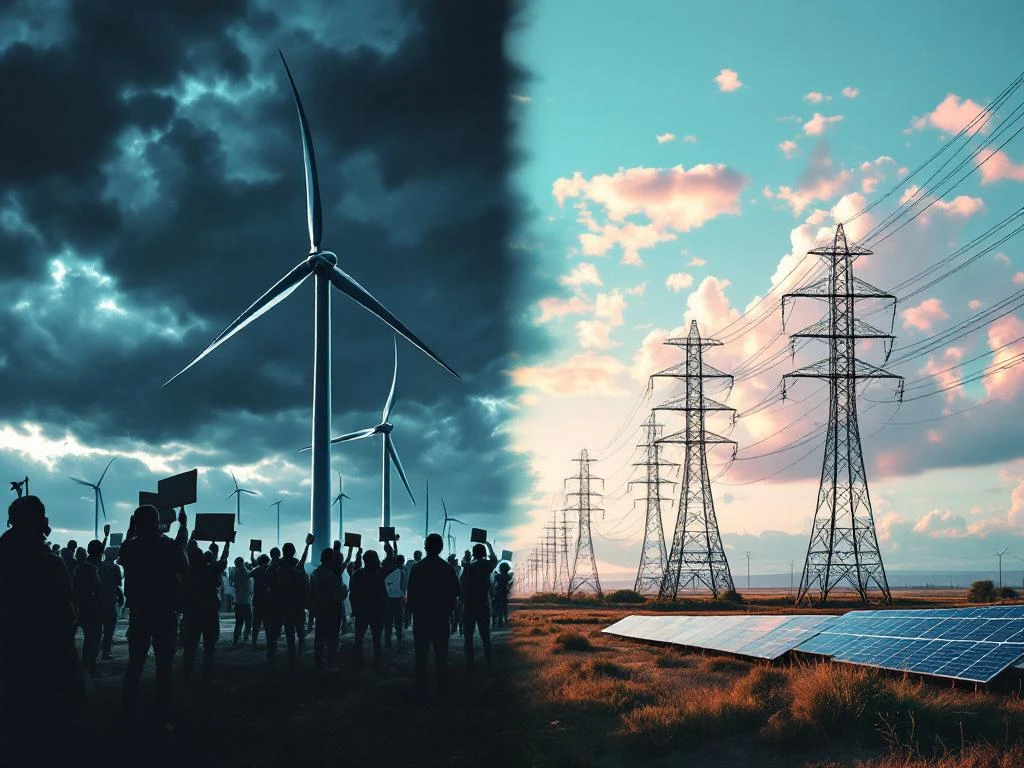 Gesplitst beeld: protestanten bij windturbines onder donkere luchten links, heldere duurzame energie-installaties rechts