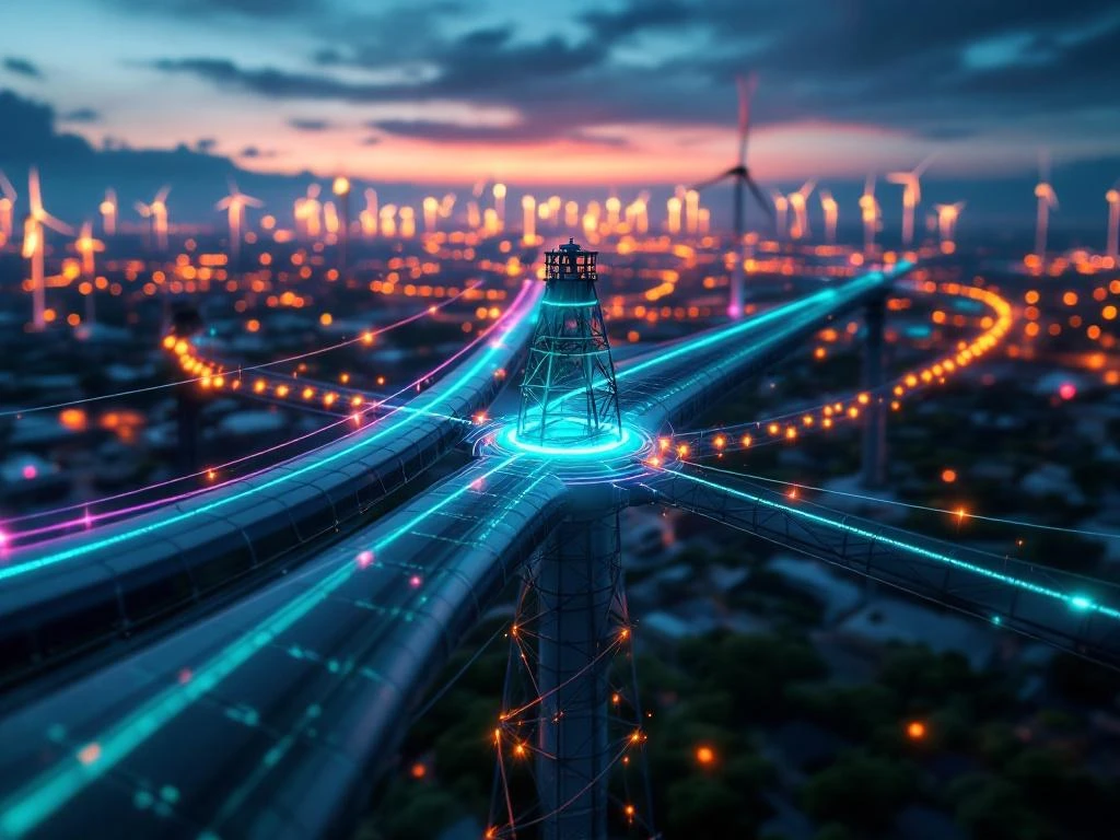 Luchtfoto van verbonden duurzame energie-infrastructuur met zonnepanelen, windturbines en verlichte stroomlijnen bij schemering.