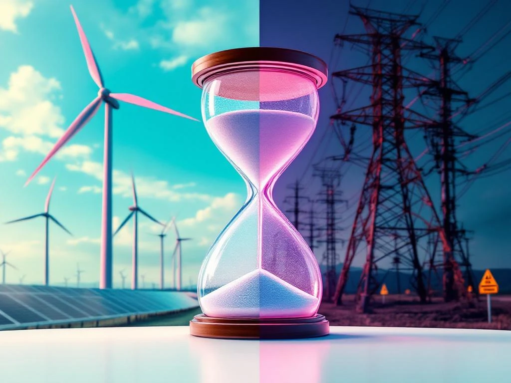 Zandloper tussen moderne windturbines en zonnepanelen versus verouderde elektriciteitslijnen toont urgentie energietransitie