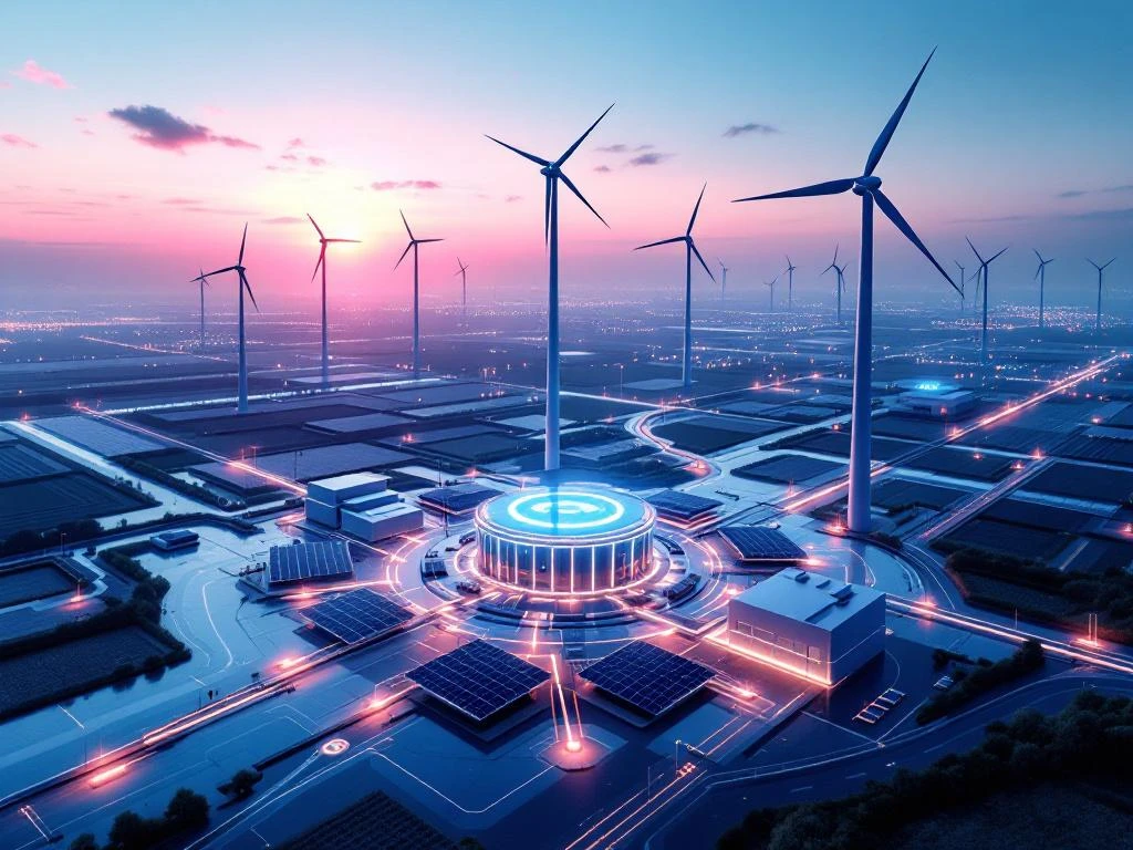 Luchtfoto van Nederlands duurzaam energielandschap met zonnepanelen, windturbines en transformatorstation bij zonsondergang