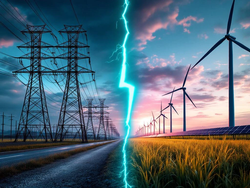 Energietransitie van oude elektriciteitsnetten naar moderne windturbines en zonnepanelen, gescheiden door bliksemschicht