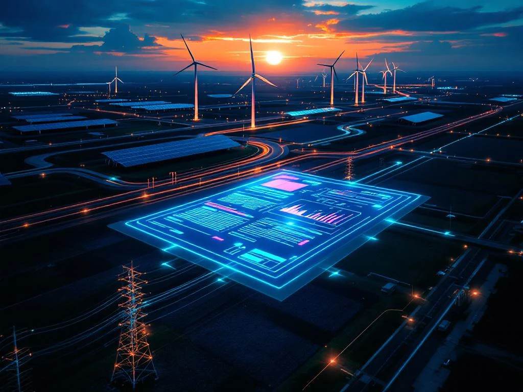 Luchtfoto van zonnepanelen en windturbines bij zonsondergang met zwevend regelgevingsdocument voor duurzame energie