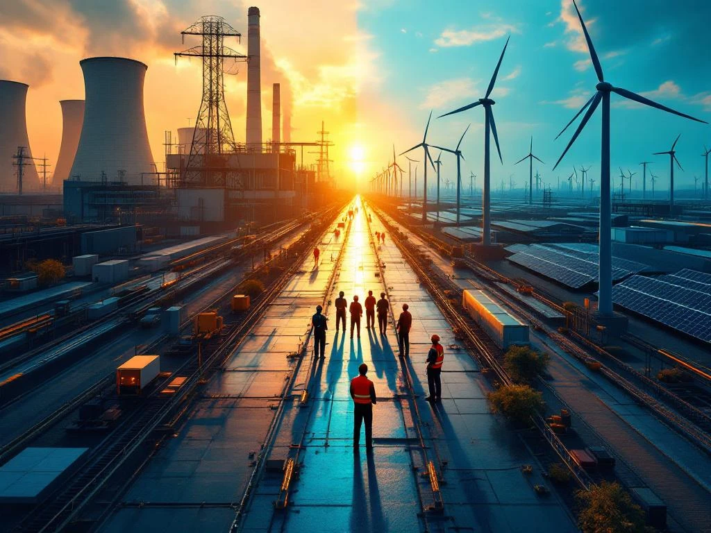 Luchtfoto van energietransitie: arbeiders tussen traditionele energiecentrales en moderne windturbines met zonnepanelen