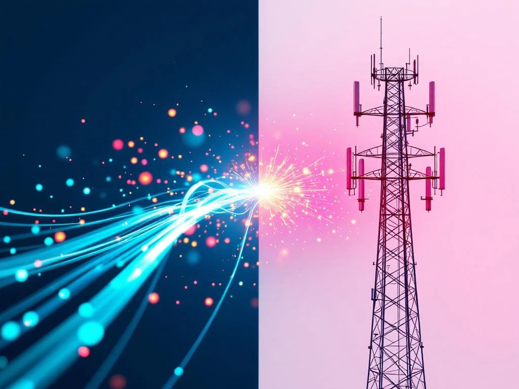 Glasvezelkabels met turquoise lichtstromen verbinden met 5G-zendmast met roze signalen op marineblauw-witte achtergrond