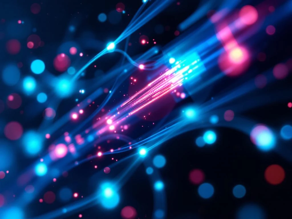 Glasvezelkabels met lichtpulsen en 5G-zendmast op technologische achtergrond met datastromen