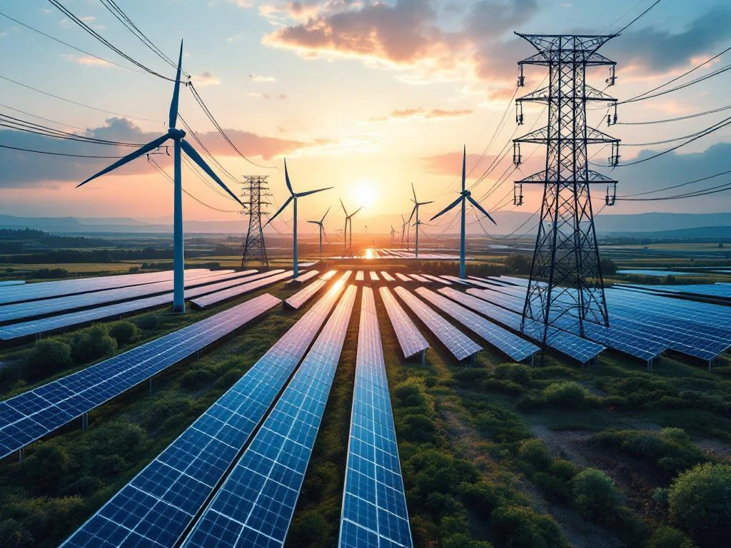 Luchtfoto van moderne energie-infrastructuur met windturbines, zonnepanelen en hoogspanningslijnen tijdens zonsondergang