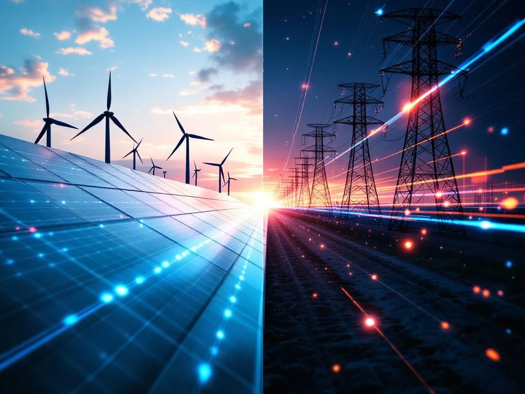 Zonnepanelen en windturbines verbonden met elektrisch netwerk via energiestromen, toont uitdagingen duurzame energie-integratie