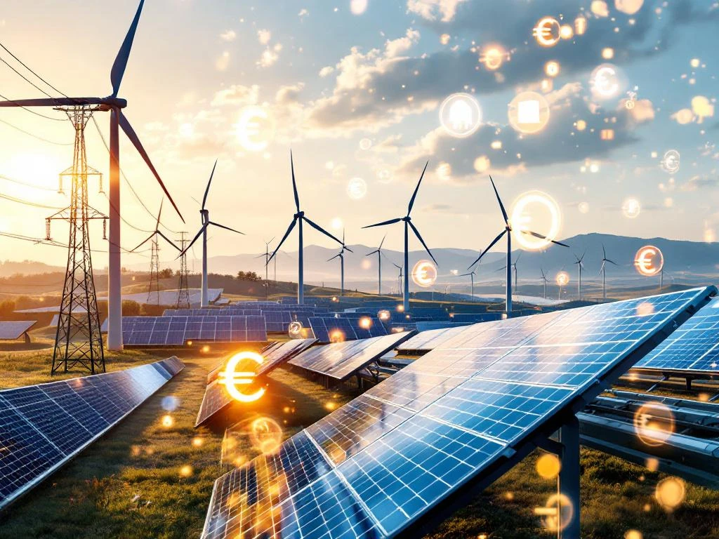 Windturbines en zonnepanelen in modern landschap met zwevende euro-symbolen en energie-iconen bij zonsondergang