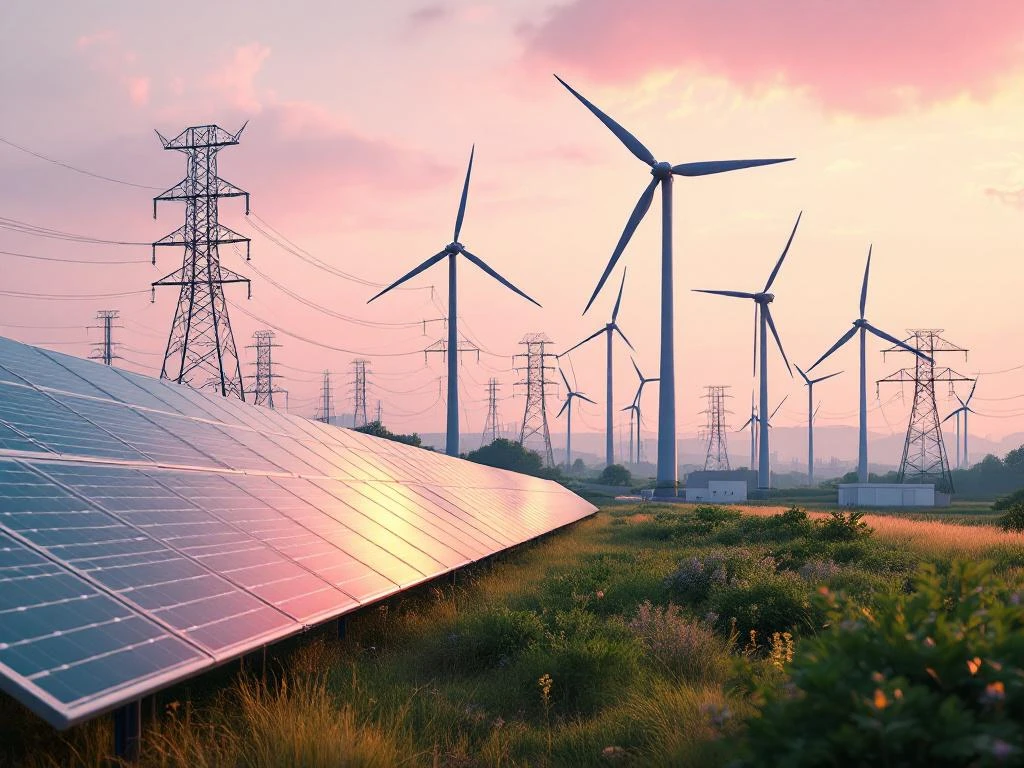 Moderne zonnepanelen en windturbines in duurzame energie-infrastructuur bij zonsopgang met elektriciteitsleidingen