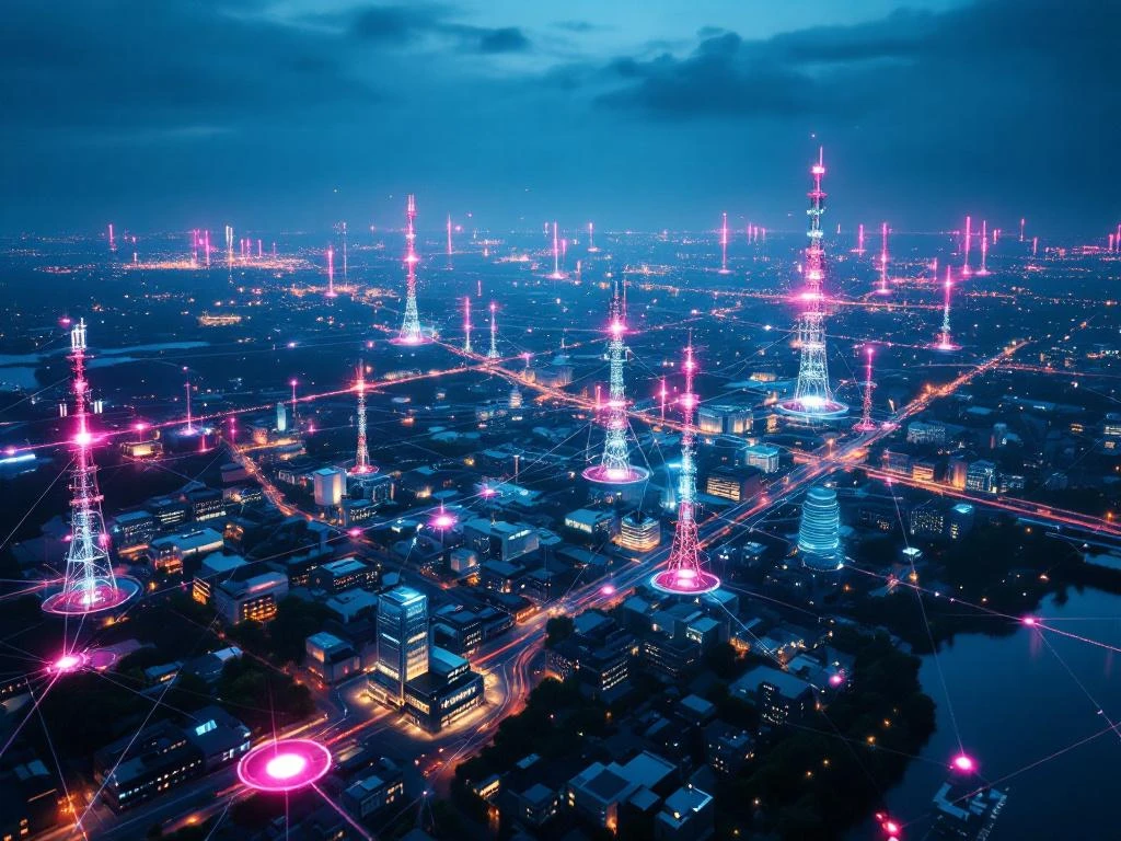 Luchtfoto van Nederland met futuristische 5G-netwerktorens die gloeiende signalen uitzenden over steden bij schemering