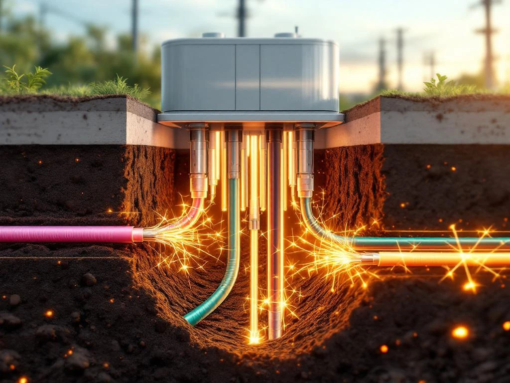 Ondergrondse doorsnede van energiekabels in de grond met moderne elektrische onderstation bovengronds