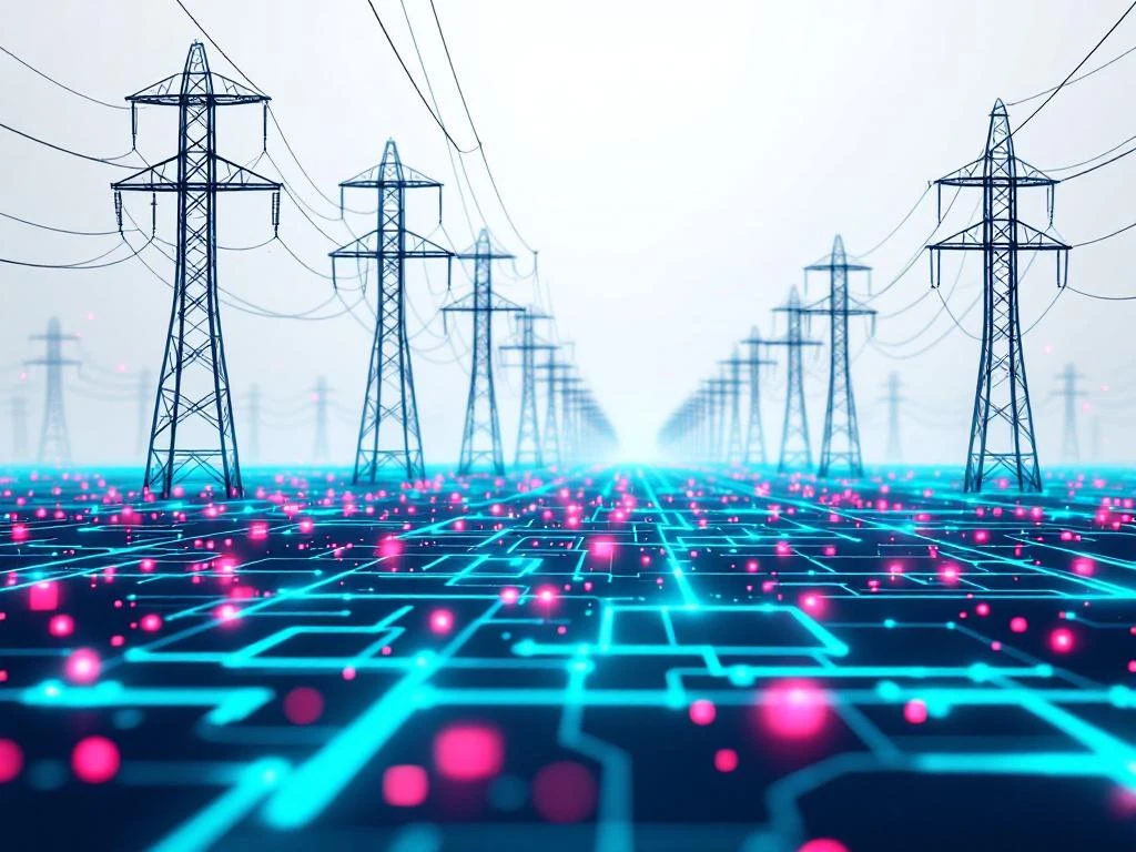 Slim elektriciteitsnet met verlichte transmissielijnen in teal en marineblauw tegen witte achtergrond