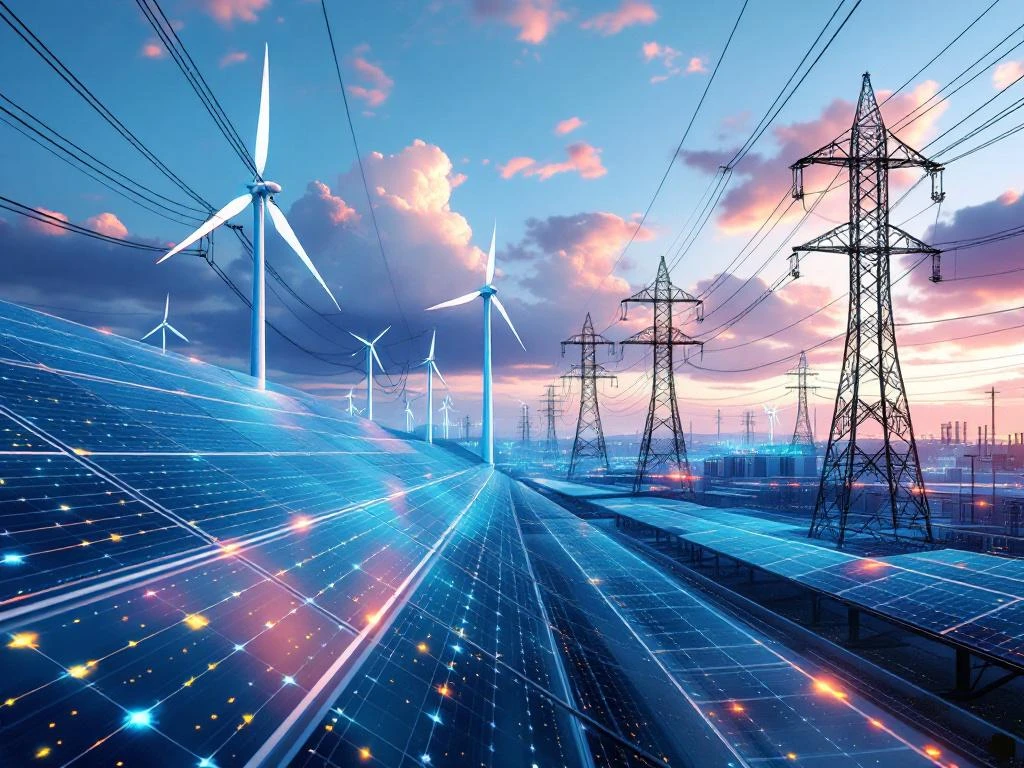 Moderne elektrische infrastructuur met zonnepanelen, windturbines en slimme netwerktechnologie bij dageraad