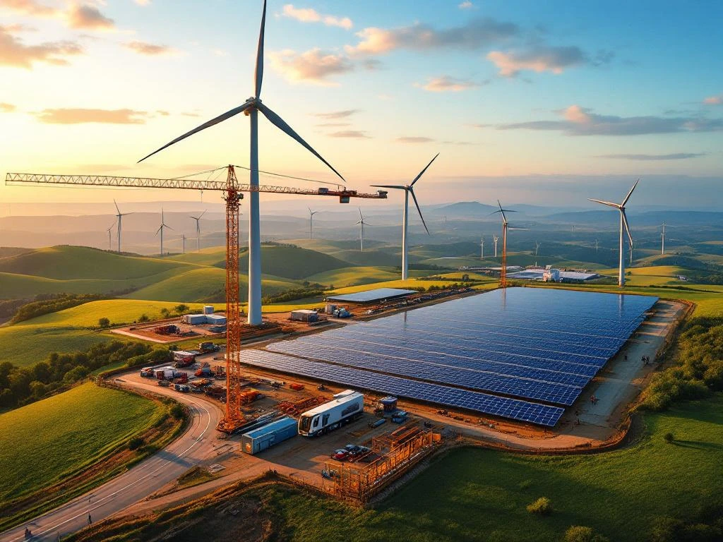 Luchtfoto van windturbines en zonnepanelen in aanbouw met kranen en apparatuur tijdens gouden uur verlichting