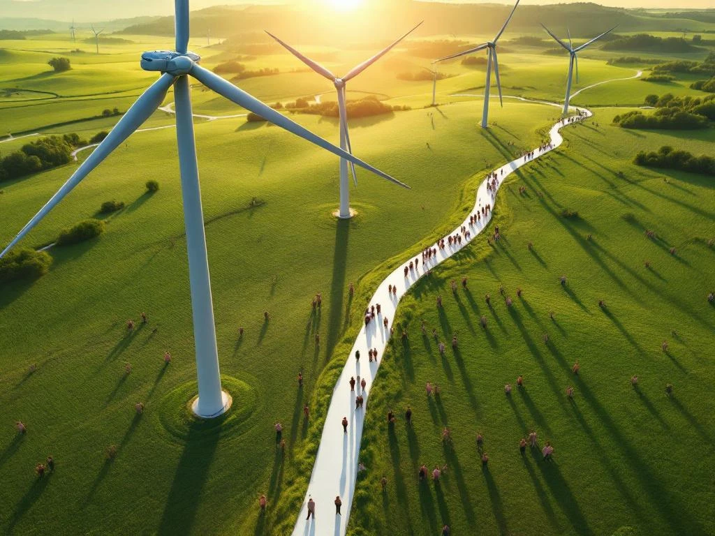 Luchtfoto van moderne windmolenpark met witte turbines en gemeenschapsleden verzameld in groepen op groene velden eronder.