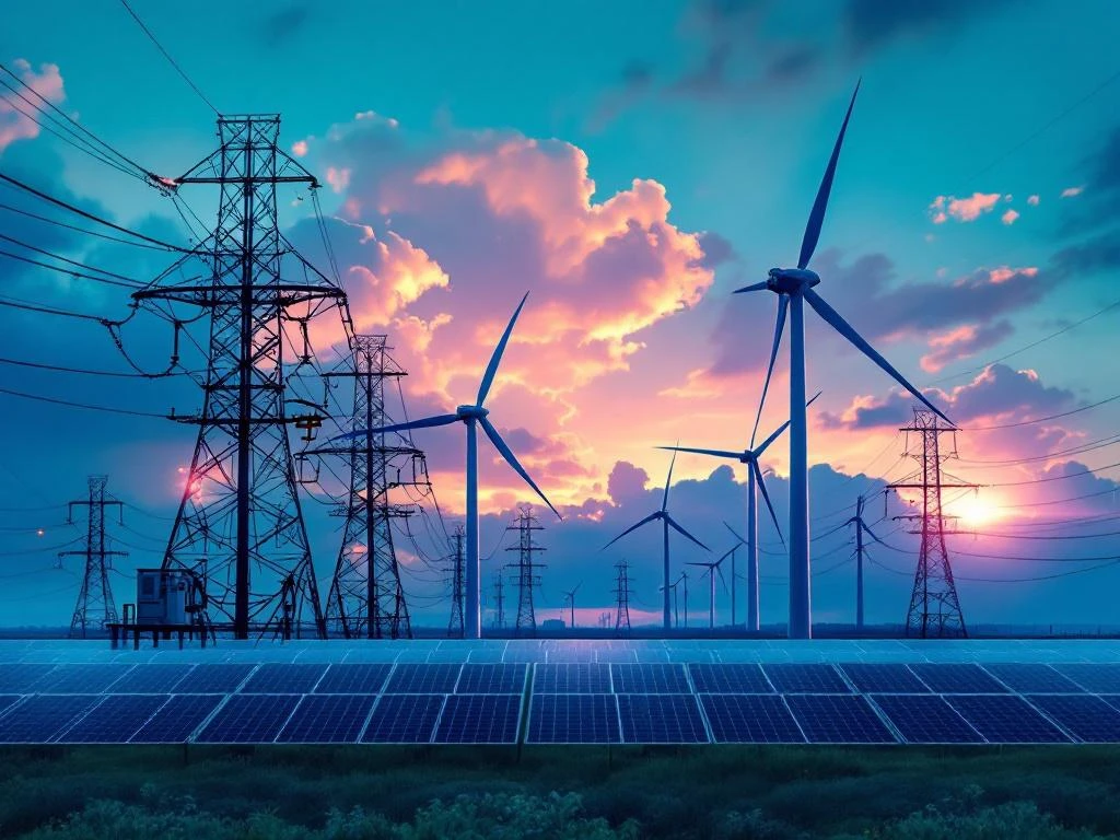 Windturbines en zonnepanelen in hernieuwbare energie-infrastructuur met dramatische lucht en elektriciteitsleidingen