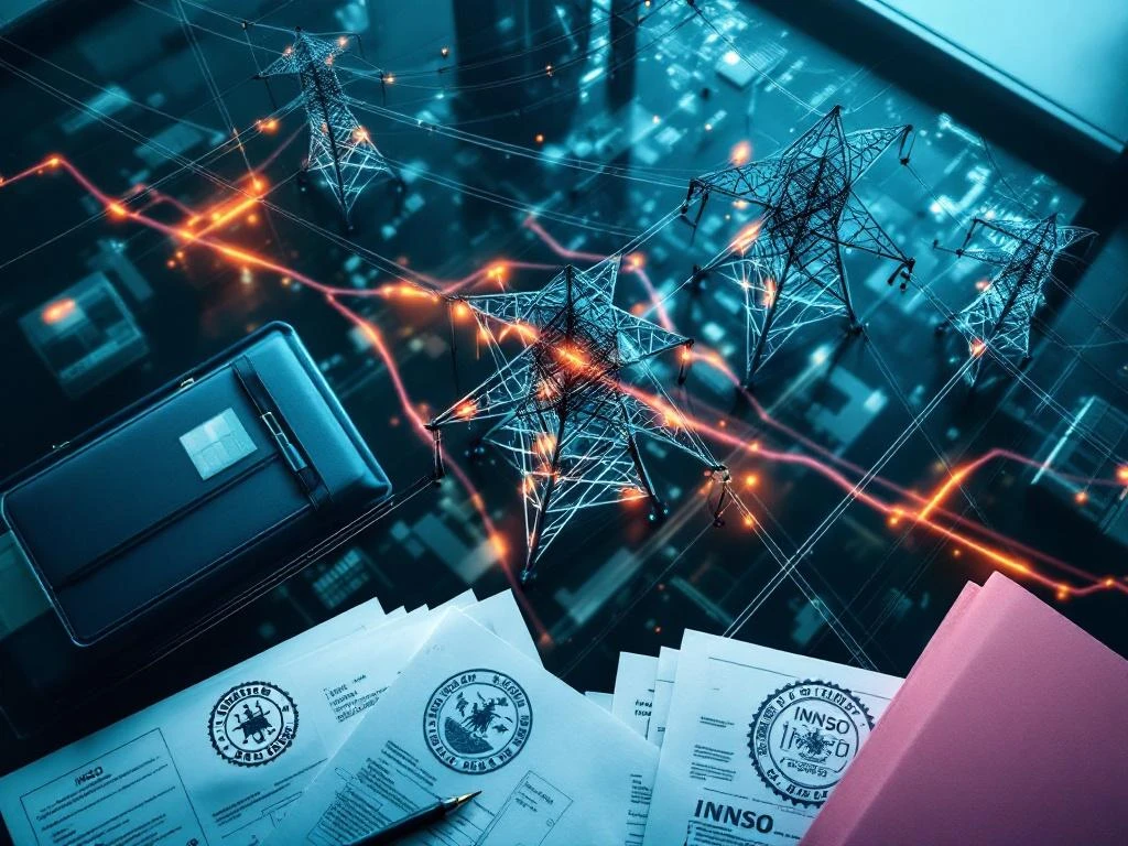 Elektrische transmissiemasten en hoogspanningskabels met vergunningsdocumenten en goedkeuringsstempels op bureau