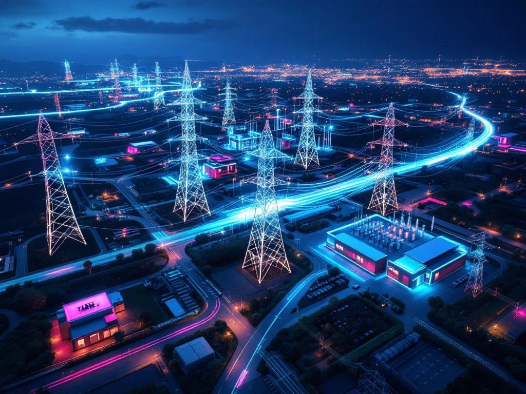 Luchtfoto van modern elektriciteitsnet met gloeiende stroomlijnen in turquoise en roze onderstations tegen donkerblauwe lucht