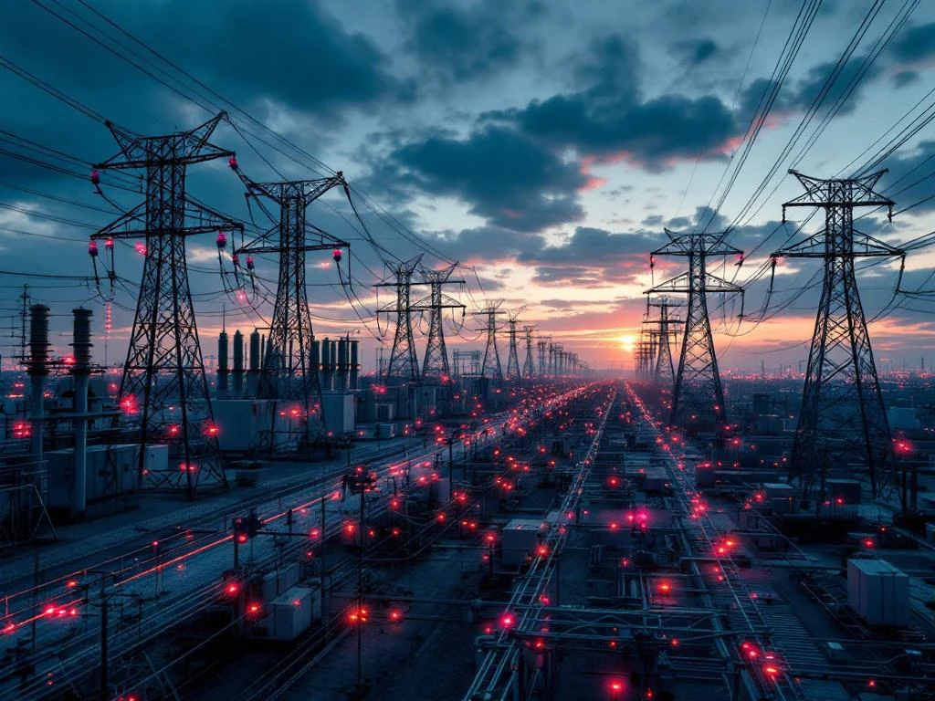 Luchtfoto van elektrische hoogspanningslijnen met rode overbelasting indicatoren en witte transmissiemasten tegen schemering