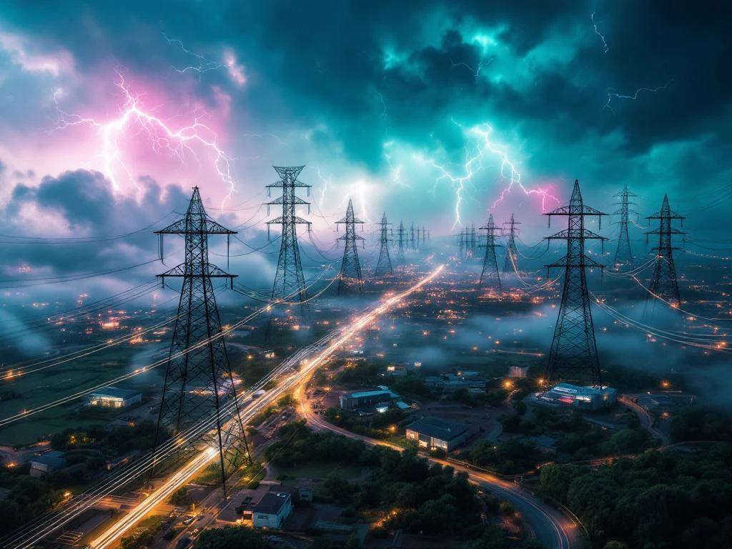 Luchtfoto van elektriciteitstransmissienetwerk met hoogspanningsmasten onder donkere stormwolken met bliksem