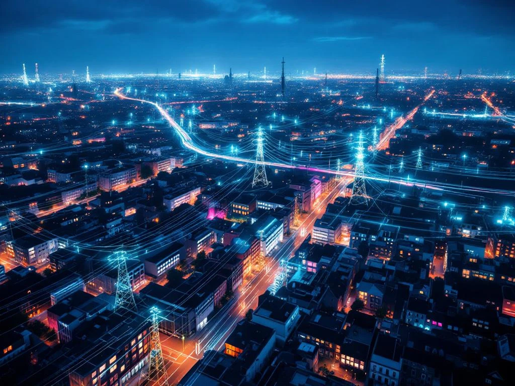 Luchtfoto van moderne Nederlandse stad met verlicht elektriciteits- en telecommunicatienetwerk tegen avondhemel