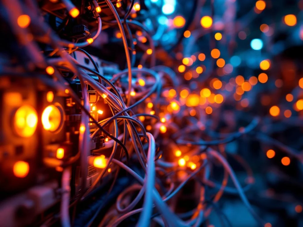 Verwarde glasvezelkabels en elektrische bedrading met oranje waarschuwingslichten tonen netwerkcongestie in telecommunicatie-infrastructuur