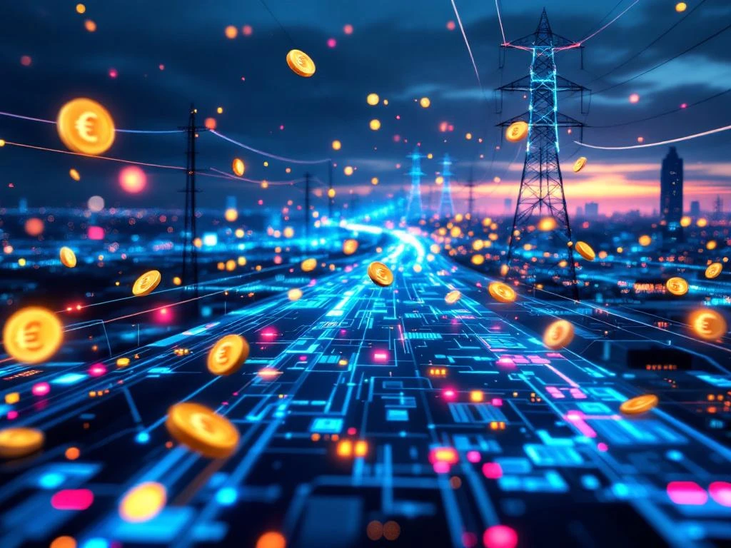 Elektrische stroomlijnen en telecomkabels verlichten moderne stad bij schemering met netwerkmonitoringspaneel en kostensymbolen