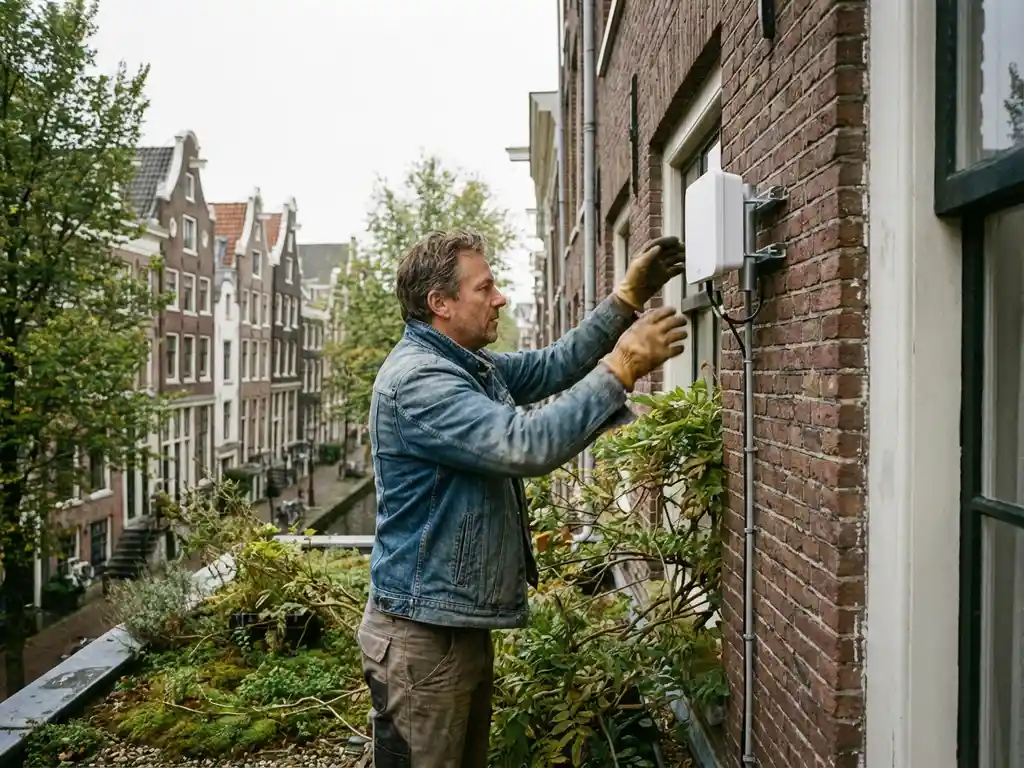 Telecommunicatie-ingenieur past 5G-antenne aan op Amsterdams grachtenpand met karakteristieke gevels