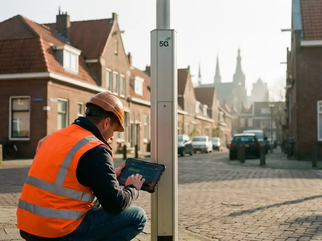 Telecommunicatie-ingenieur controleert 5G-zendmast met tablet, traditionele Nederlandse huizen met rode daken op achtergrond