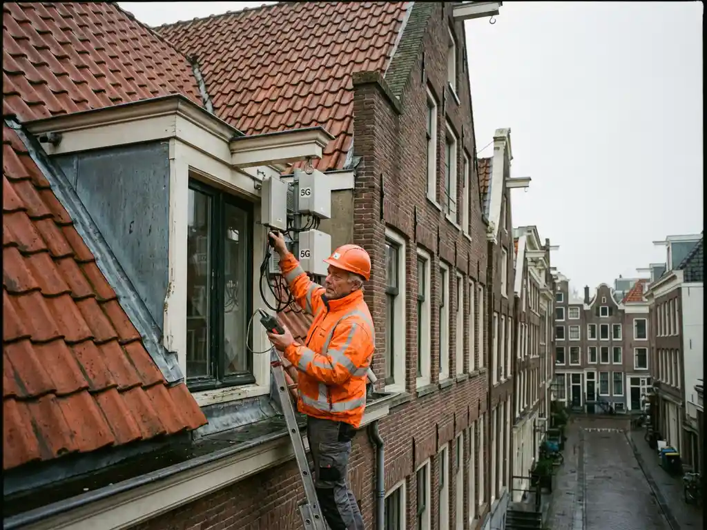 Telecomtechnicus in oranje veiligheidsjasje onderzoekt 5G-apparatuur op traditioneel Amsterdams grachtenpand