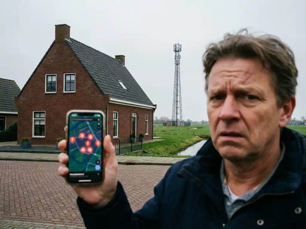 Bezorgde Nederlander met smartphone toont zendmastlocaties voor traditioneel bakstenen huis met 5G-mast op achtergrond